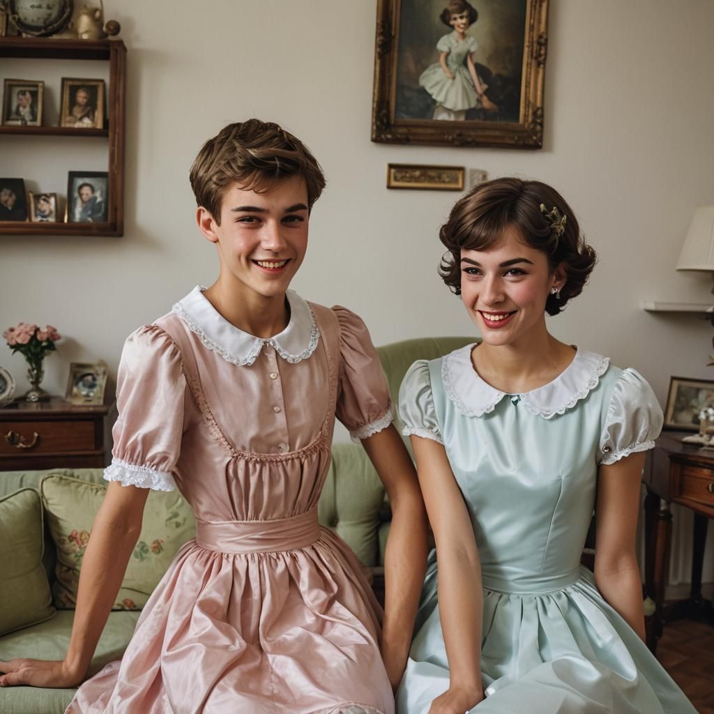 Happy Couple in Vintage Dress in Living Room Portrait