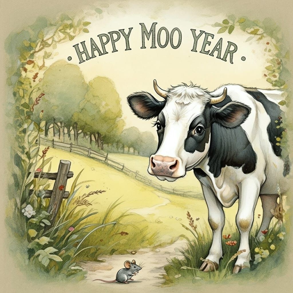 Whimsical Farm Scene with Curious Cow and Tiny Mouse