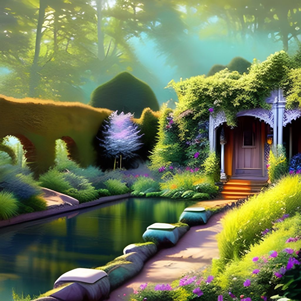 Lush Overgrown Garden with Water, Oil Painting