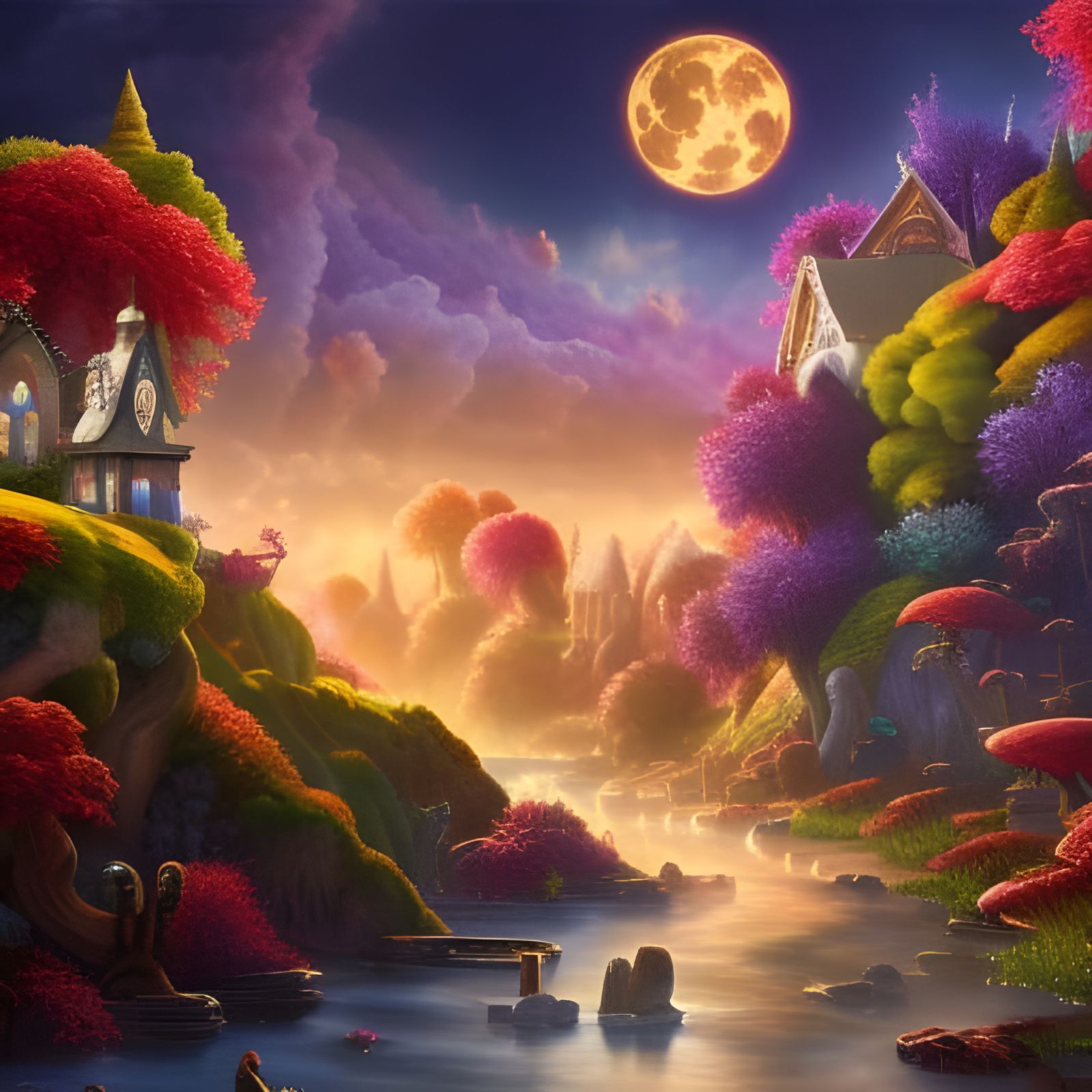 Vivid Fairy Cottage Town at Night as Digital Art