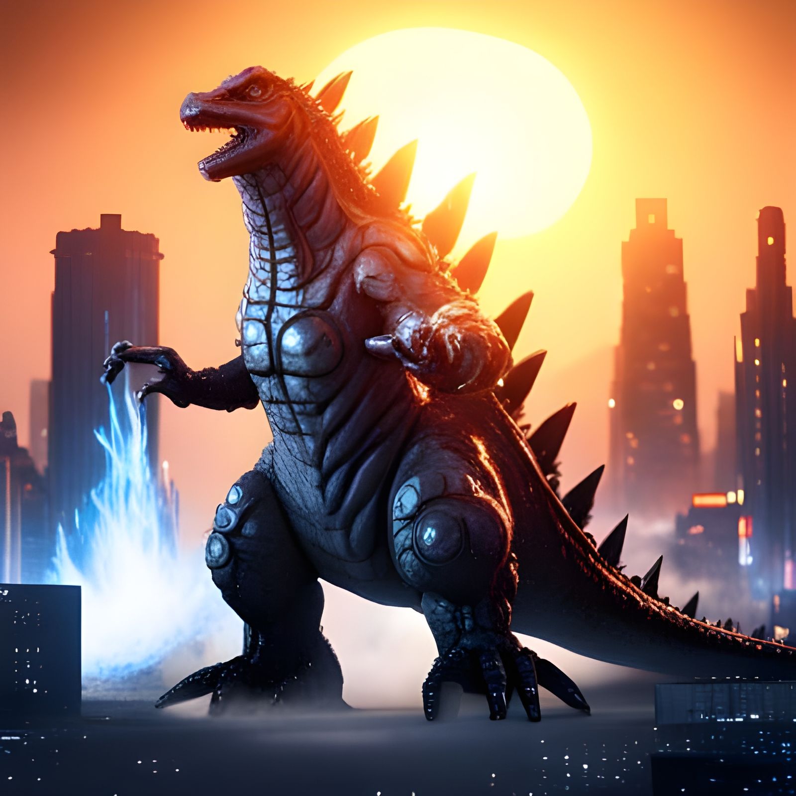 Godzilla Smashing City With Fire Breath