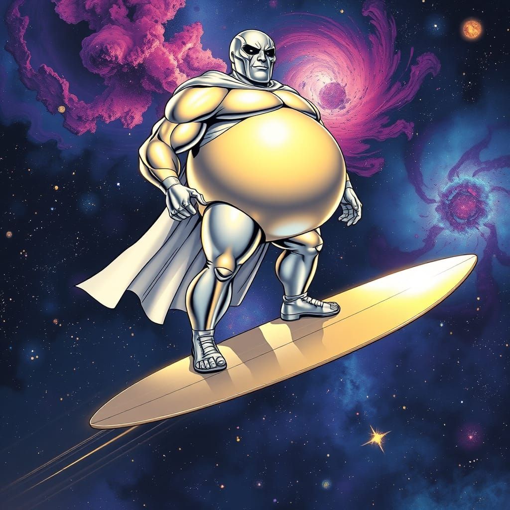 Whimsical Silver Surfer Reimagined in Cosmic Grandeur