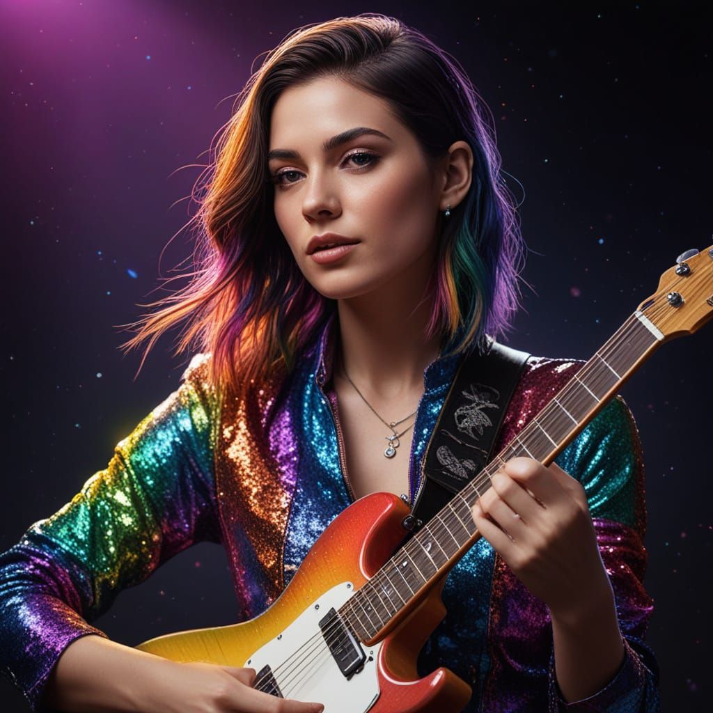 Glamorous Rockstar Goddess Shreds Guitar in Vibrant Colors
