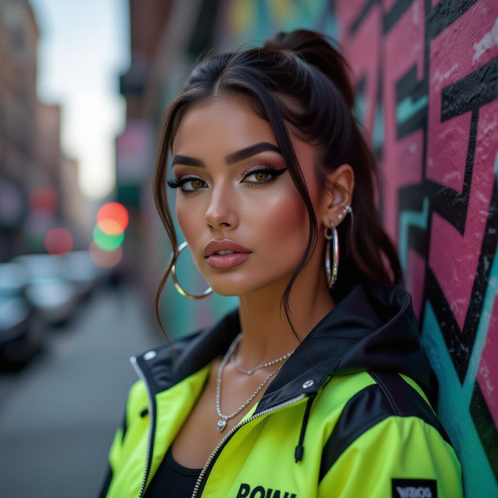 Confident Woman in Neon Windbreaker, Urban Portrait