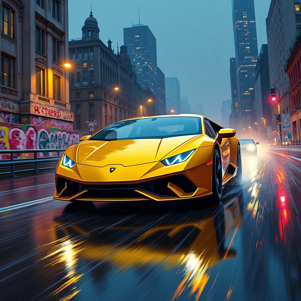 Neon Lamborghini Speeds Through London Cityscape in High-Con...