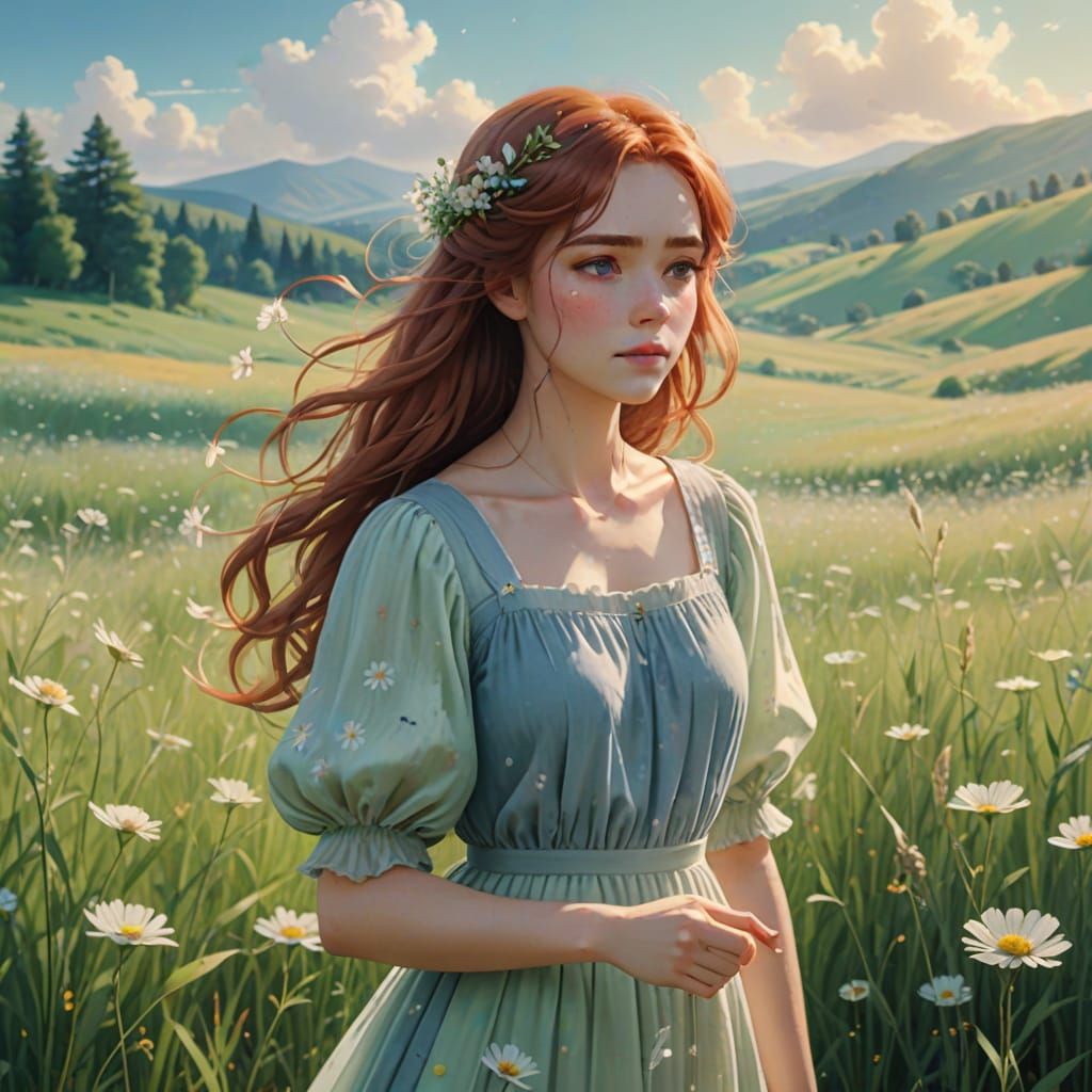 Surreal Anime Goddess Enchants Sunlit Meadow