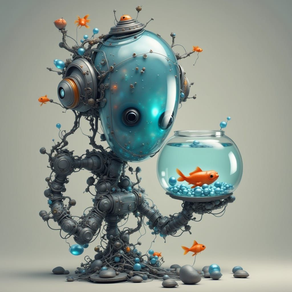 Cute Robot Holding a Fishbowl