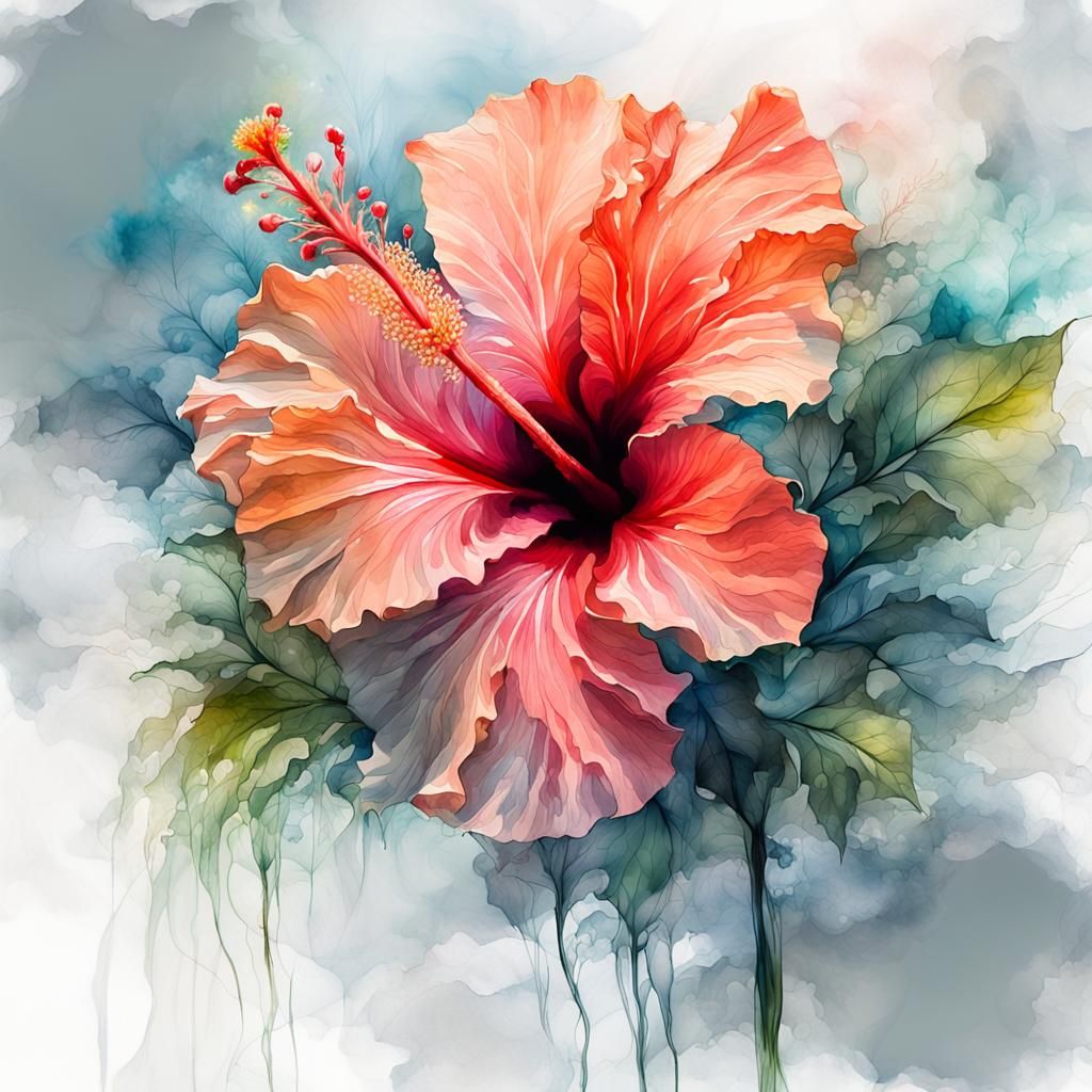 Ethereal Hibiscus Flower in Double Exposure Alcohol Inks