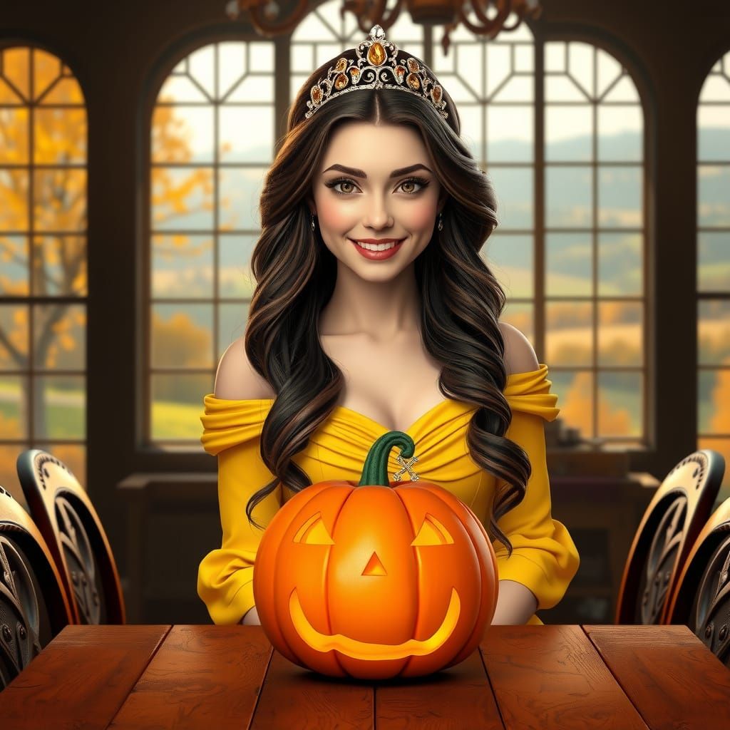 Belle in Autumn Ballgown with Halloween Pumpkin