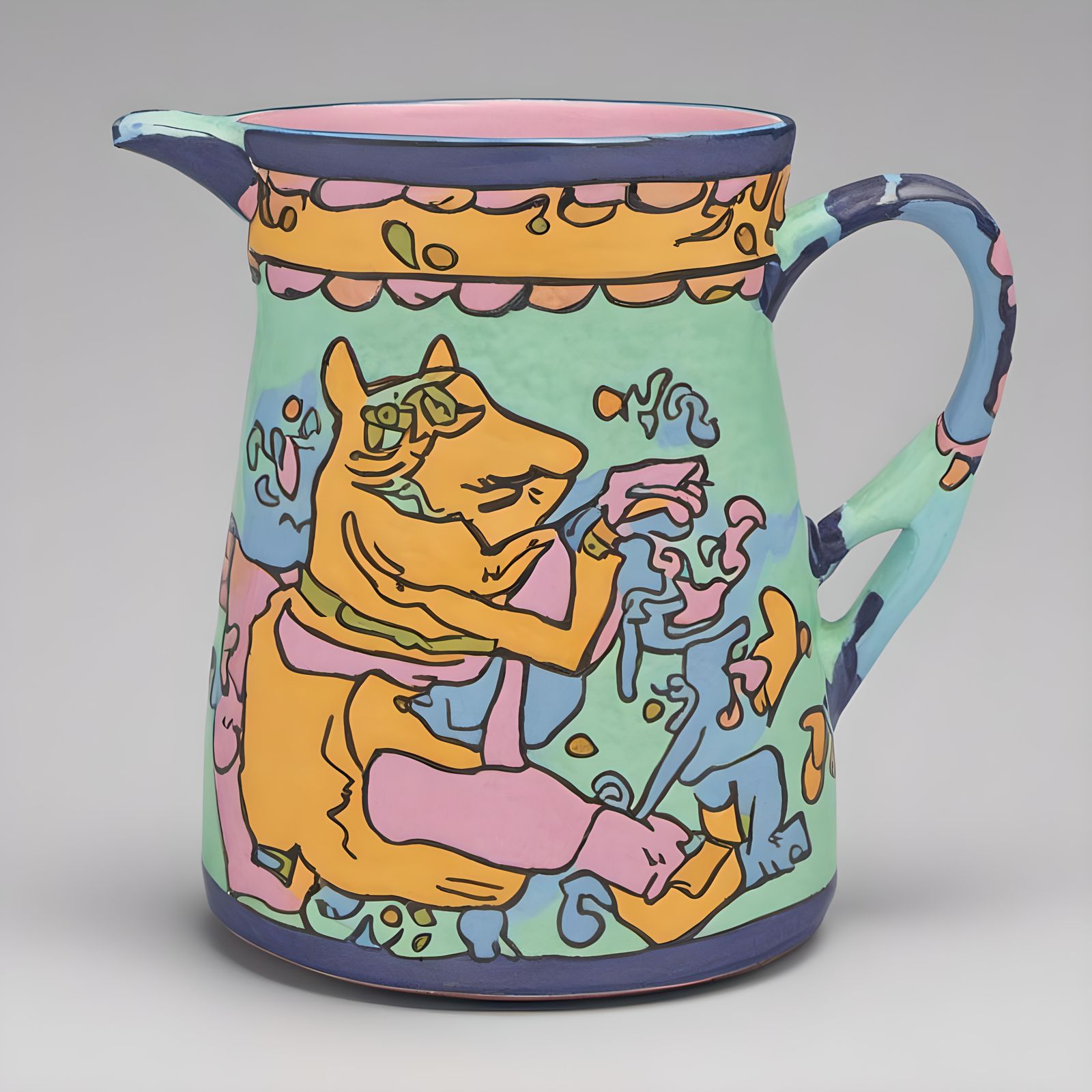 Tiger in Kitchen with Cereal and Pastel Pottery