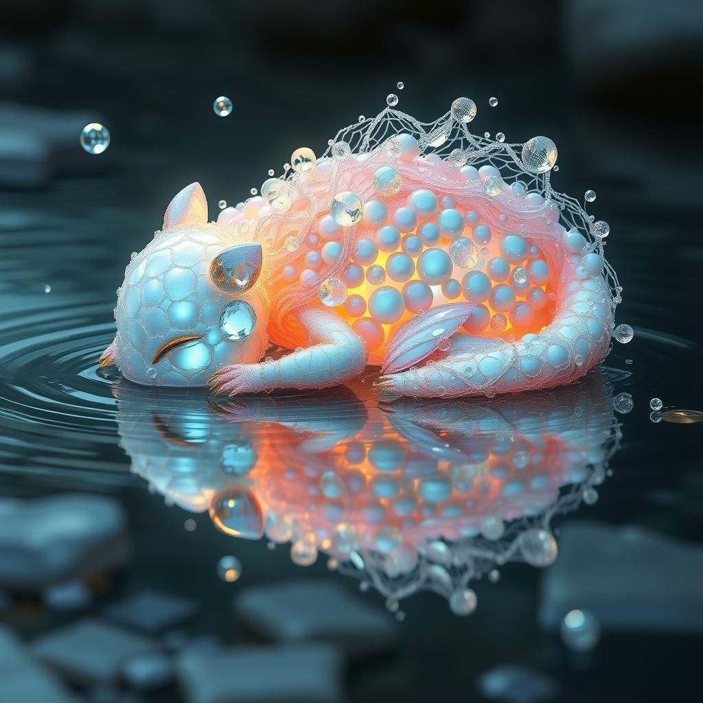 Iridescent Dewdrop Creature Sleeping by a River