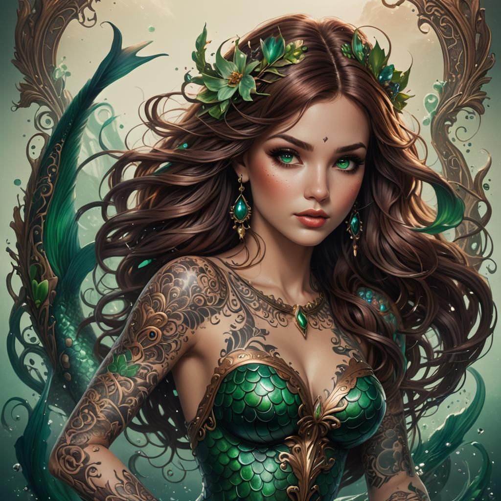 Tattoo Mermaid with Green Eyes in Traditional Style