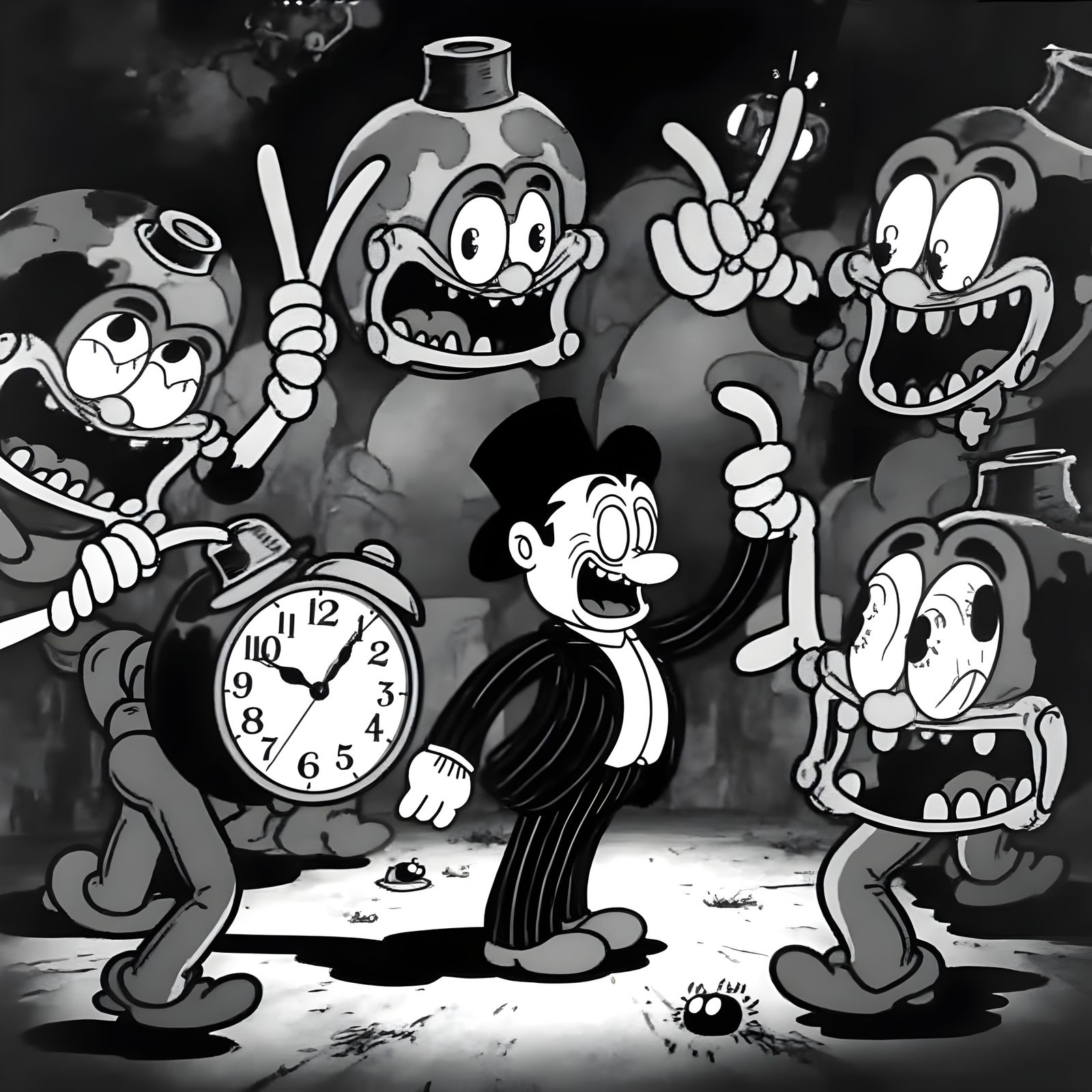 Man Trapped by Clocks in Dark Surreal Cartoon