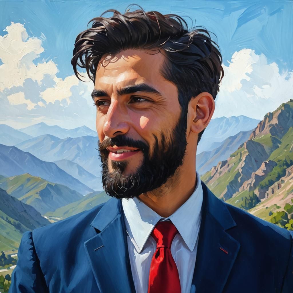Smiling Man in Blue Suit, Neo-Impressionist Oil Painting