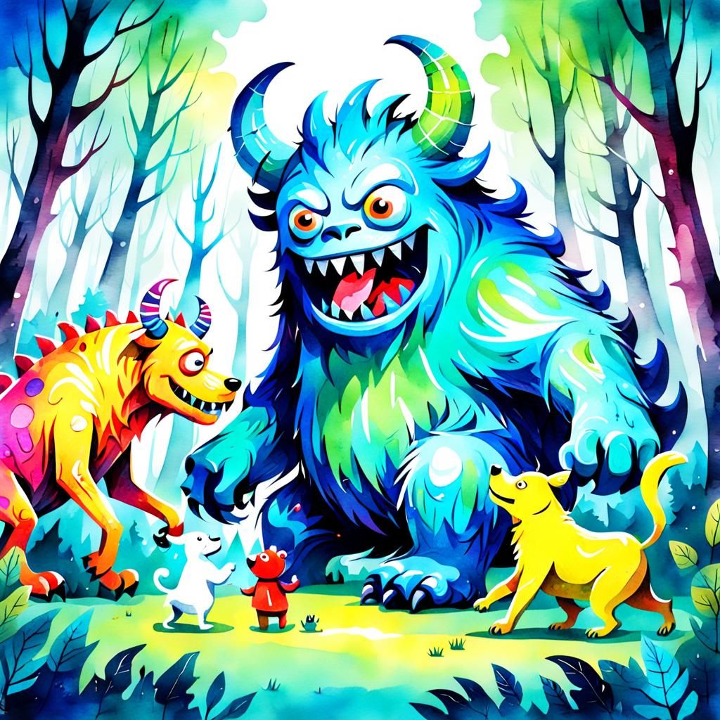 Monsters Playing with a Dog in Watercolor Style