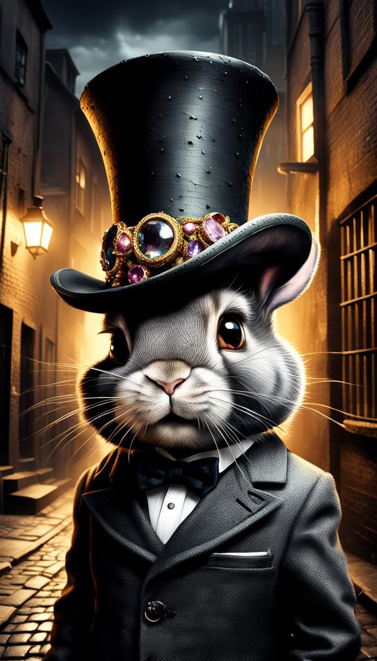 Jeweled Top Hat and Fanged Bunny in Dark Alley