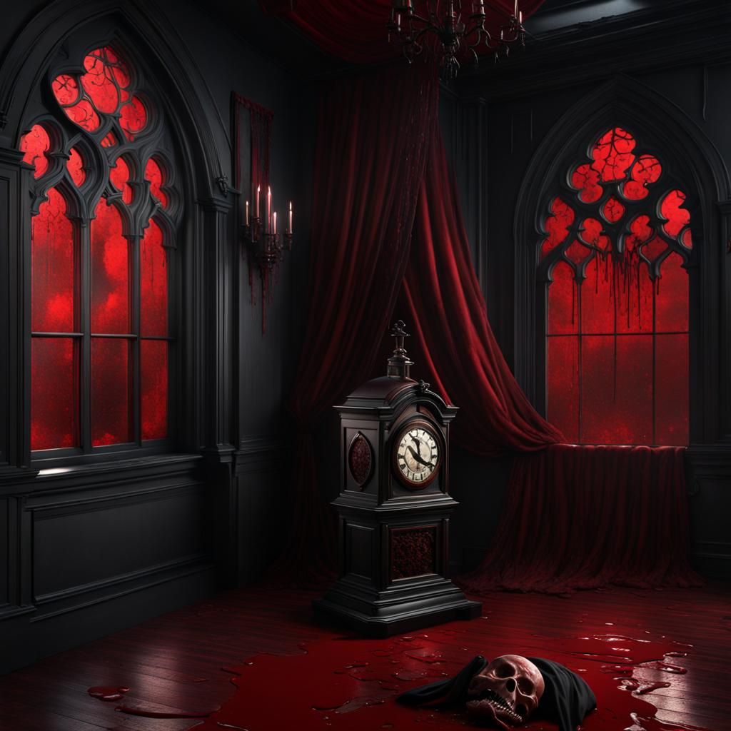Gothic Black Room with Dripping Red Skull