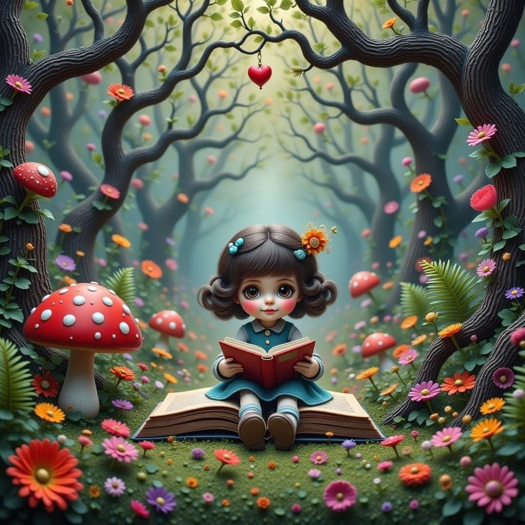 Adorable Doll Reads Fairy Tales on Polka Dot Mushroom