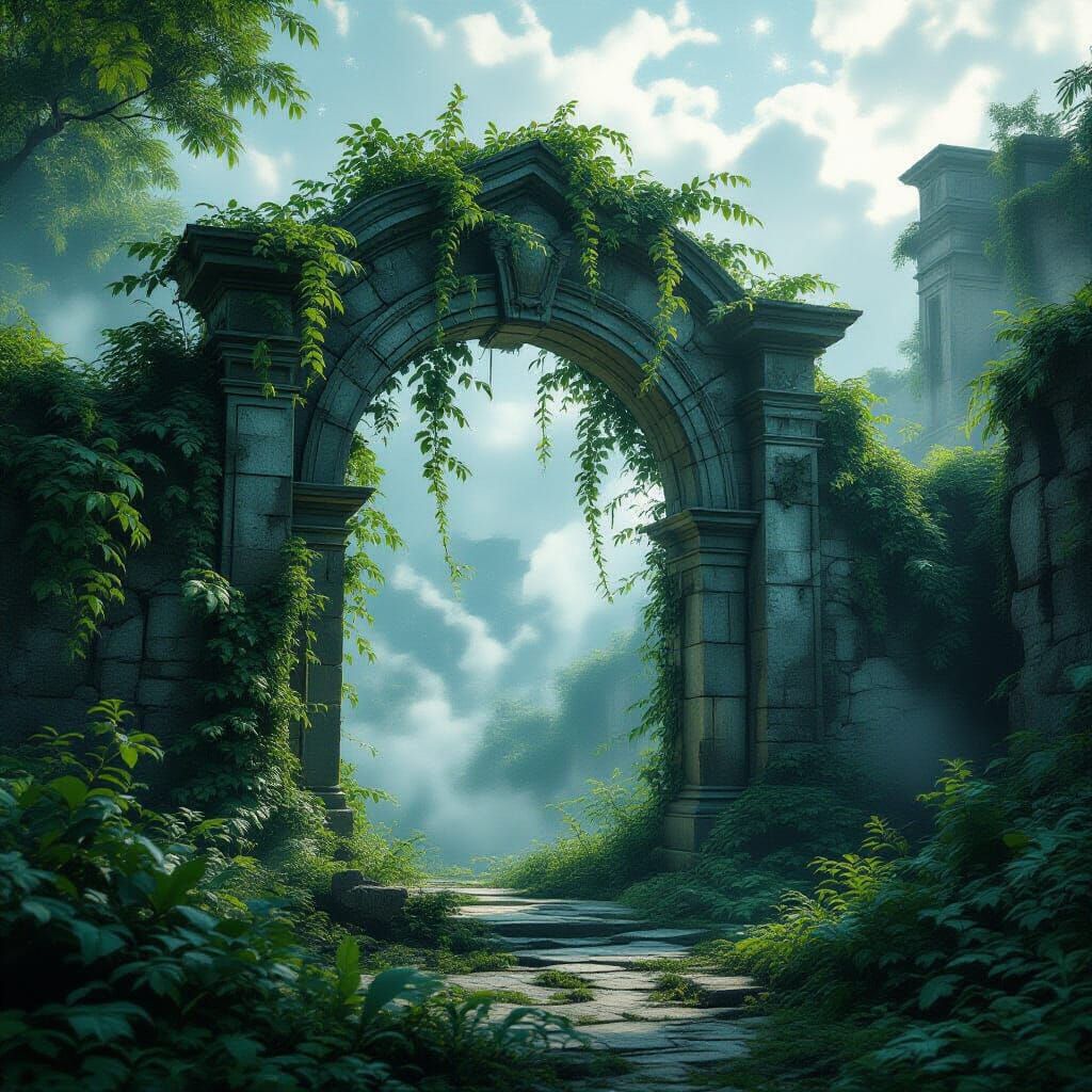 Ancient Archway to Forgotten City in Ethereal Mist
