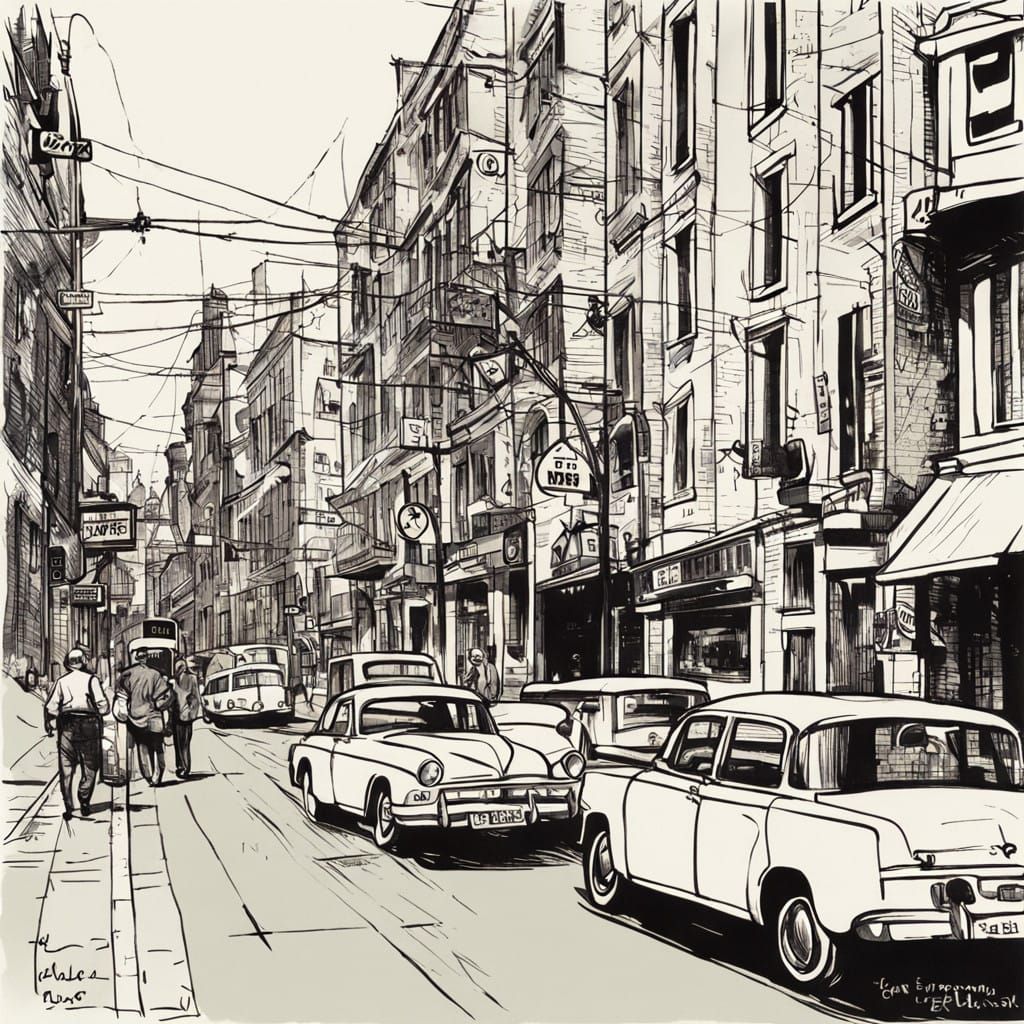 Vintage City Streets in Simple Ink Drawing