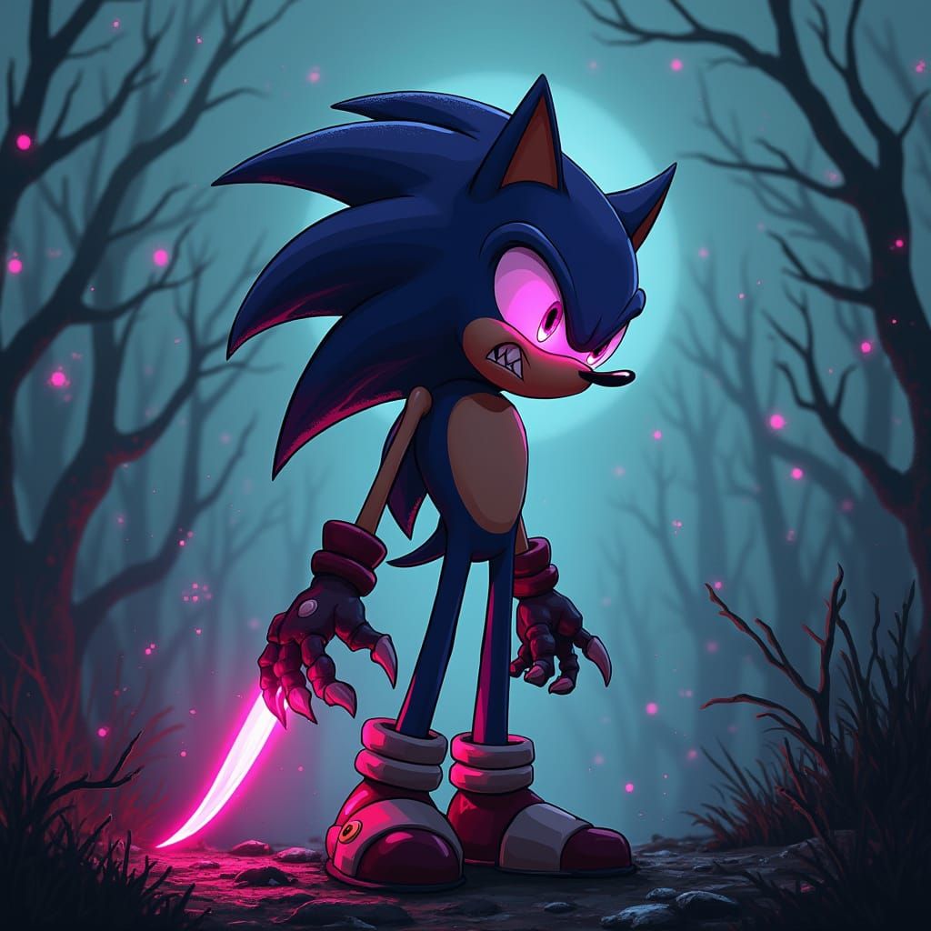 Menacing Sonic OC in Dystopian Cyberpunk Landscape