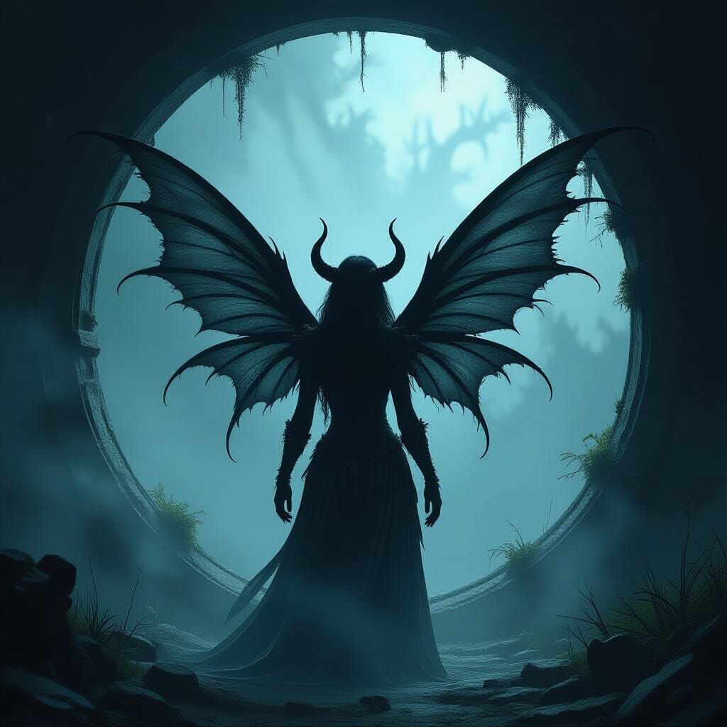 Demon Fairy Gazing Through Mystical Portal