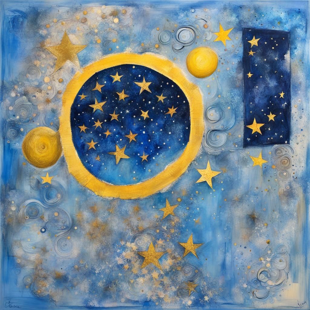 Blue Starry Sky in Art Brut Mixed Media