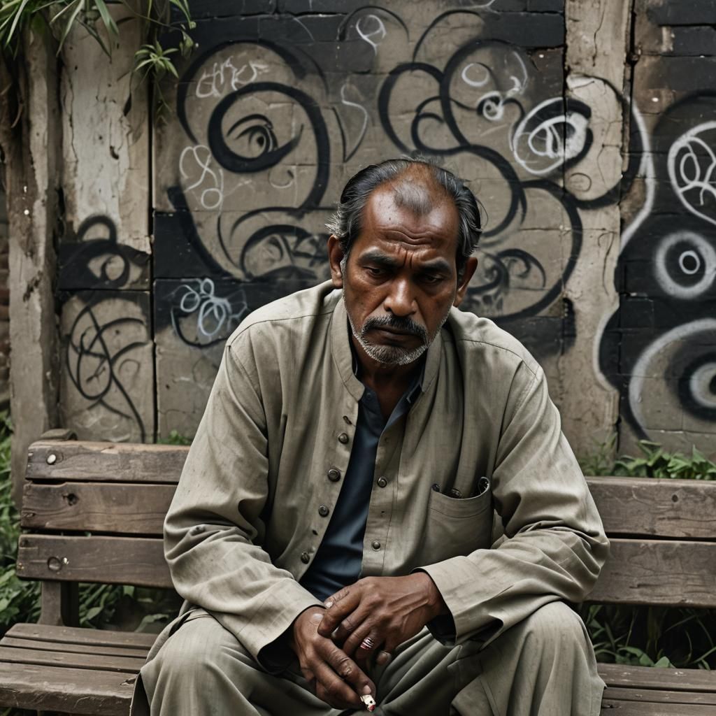 Depressed Man Smoking in Dilapidated Park: Photography