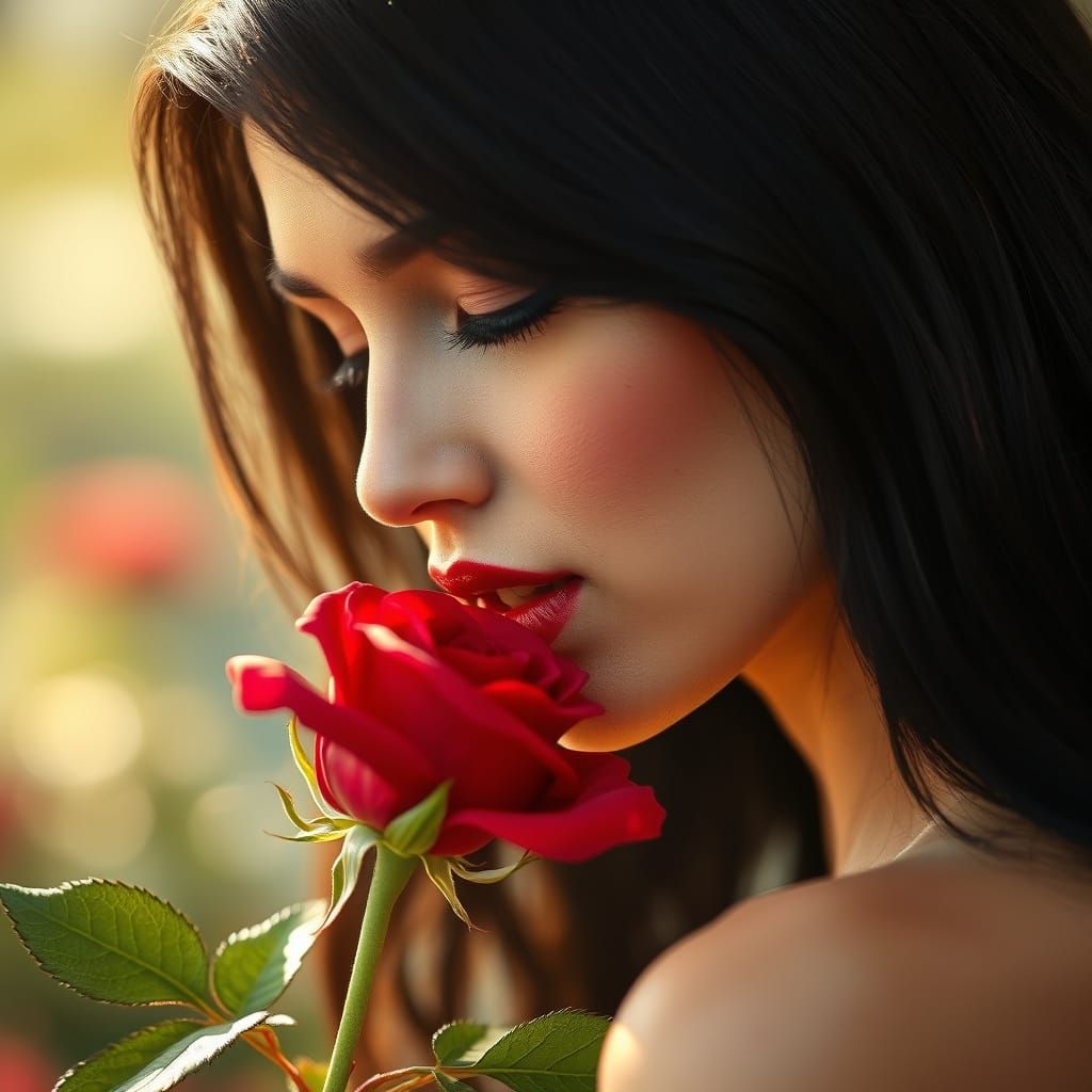Stunning Woman in Red Rose Moment