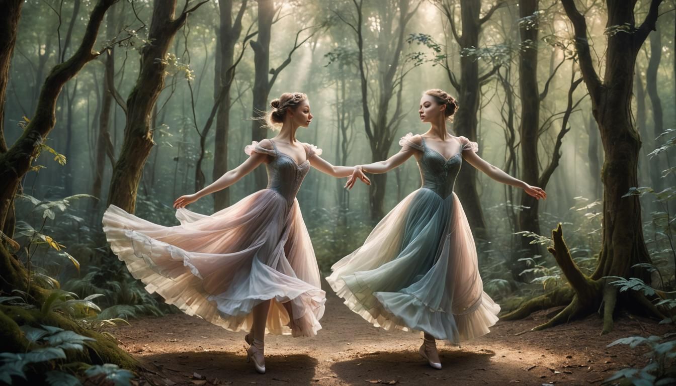 Ballerina Dancing in Dreamy Forest, Impressionist Watercolor...