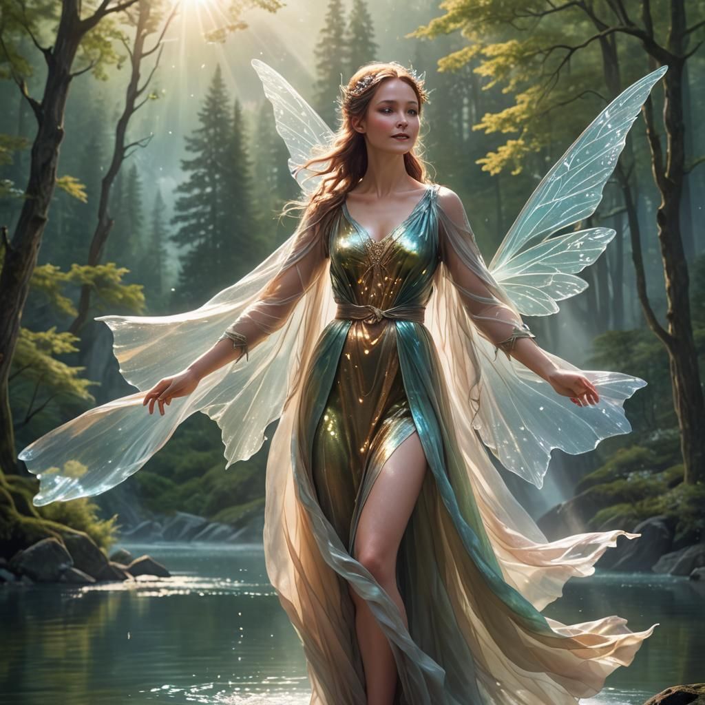 Joyful Fairy Soaring Through Misty Landscape