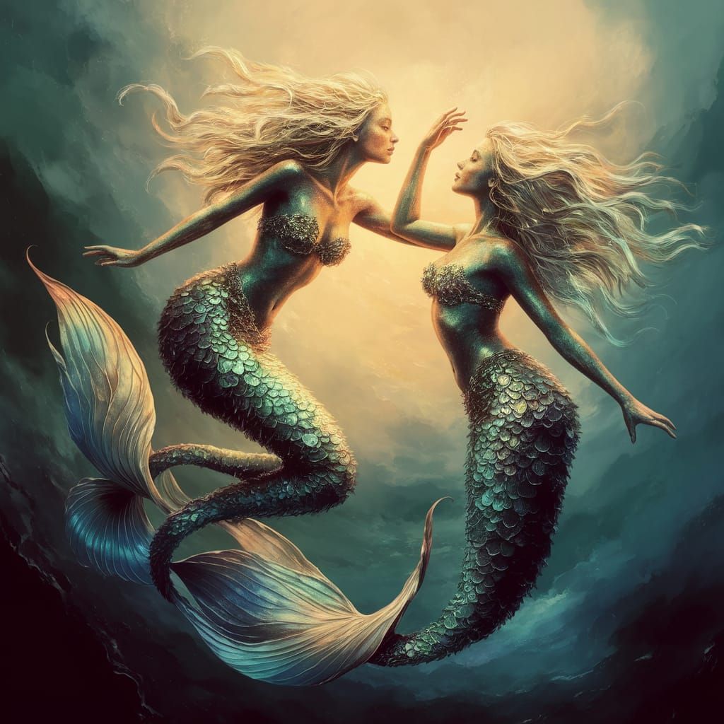 Iridescent Mermaids in Whirling Circle, Deep Alcohol Ink Art