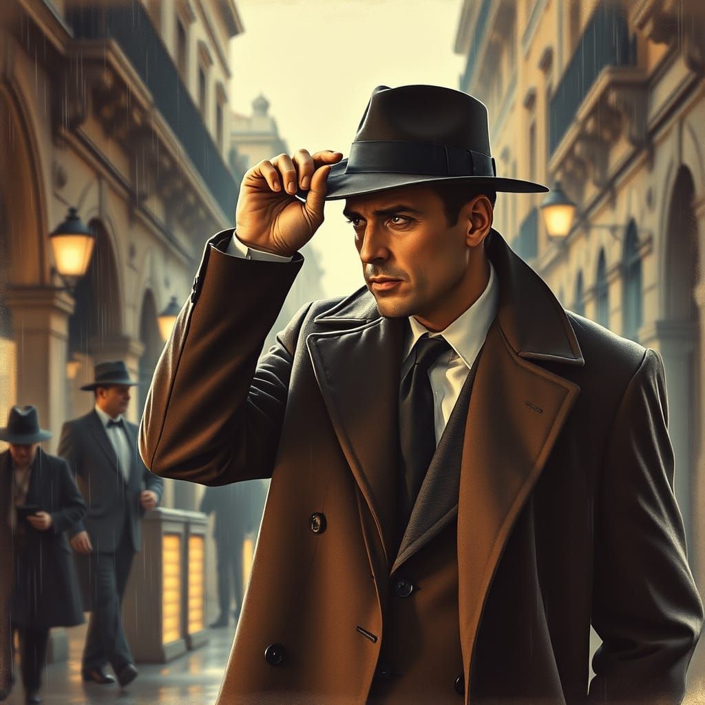 Casablanca Man in Rainy Street, Neo-Noir Charcoal Drawing