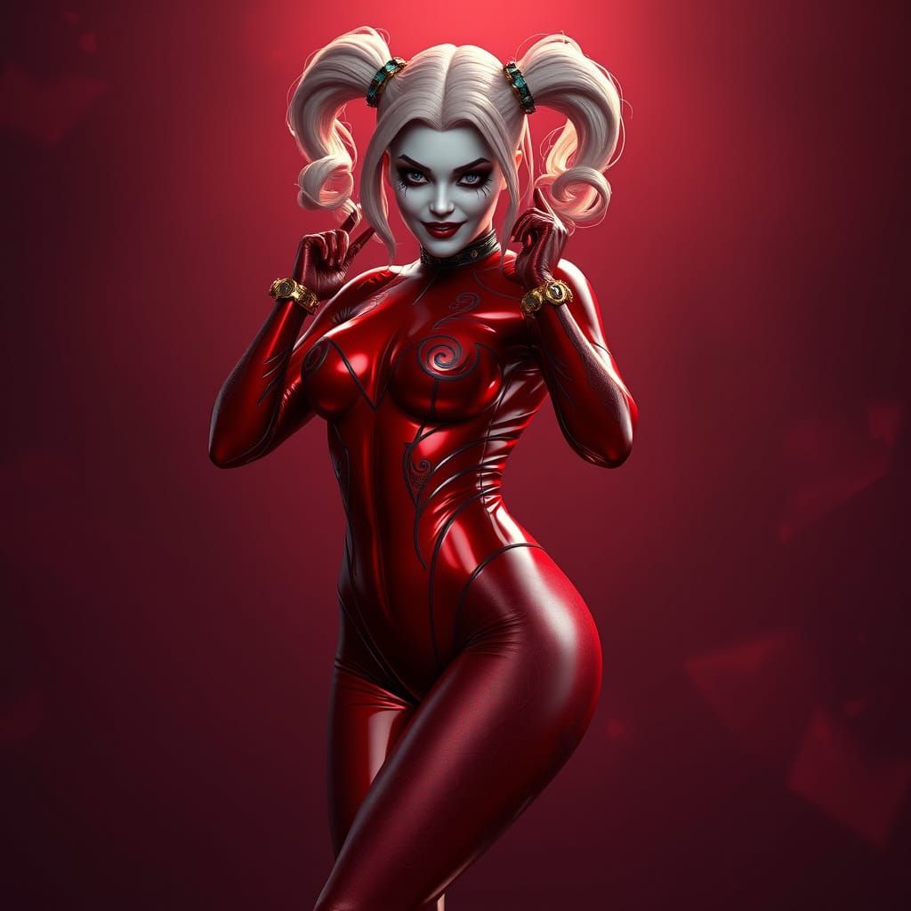 Vibrant Harley Quinn in Red Latex on Dark Red Background