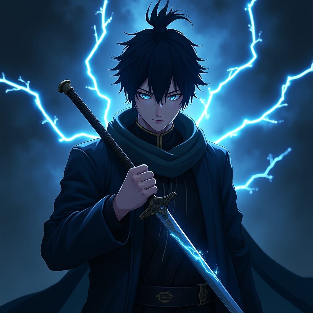 Intense Anime Figure with Dagger in Blazing Thunderstorm