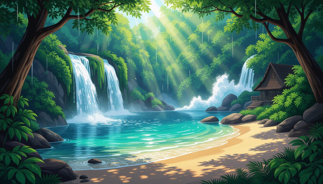 Ethereal Forest Landscape Painting with Waterfall and Sunlig...