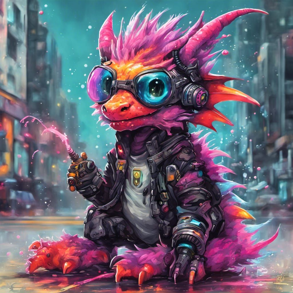 Fluffy Cyberpunk Dragon in Graffiti Splash Art