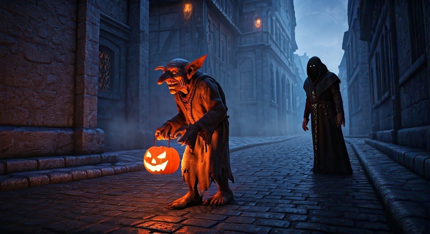 Goblin and Wizard in Mist-Shrouded Town