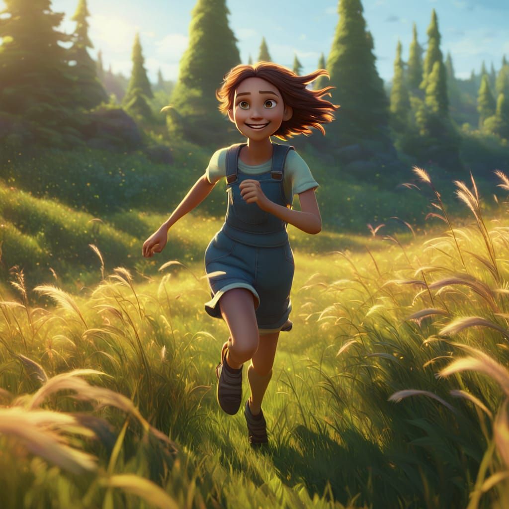 Young Girl Running in Sunny Meadow: Pixar Style Concept Art