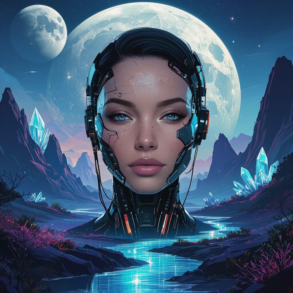 Cyborg Woman Double Exposure with Alien Landscape