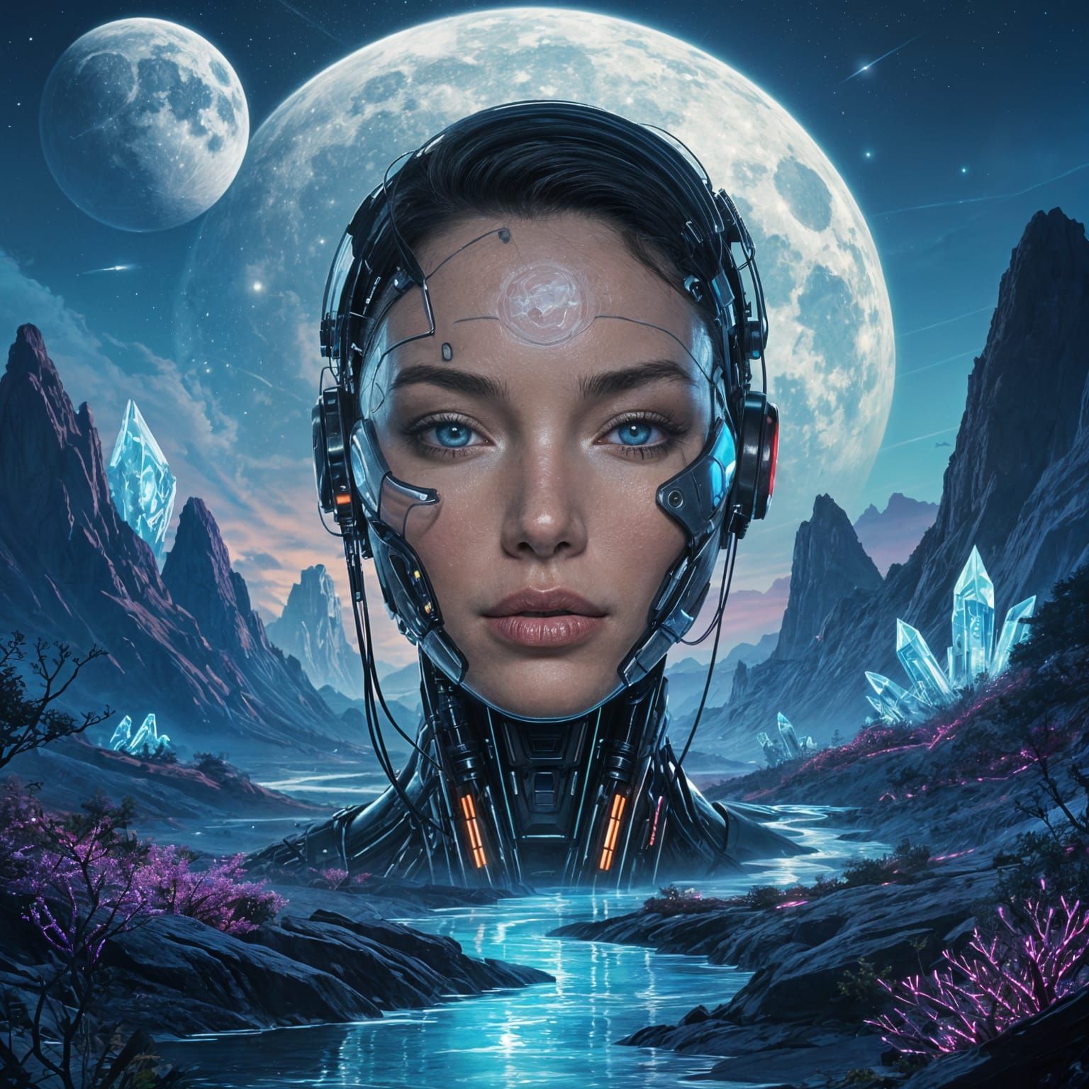 Cyborg Woman Double Exposure in Alien Landscape