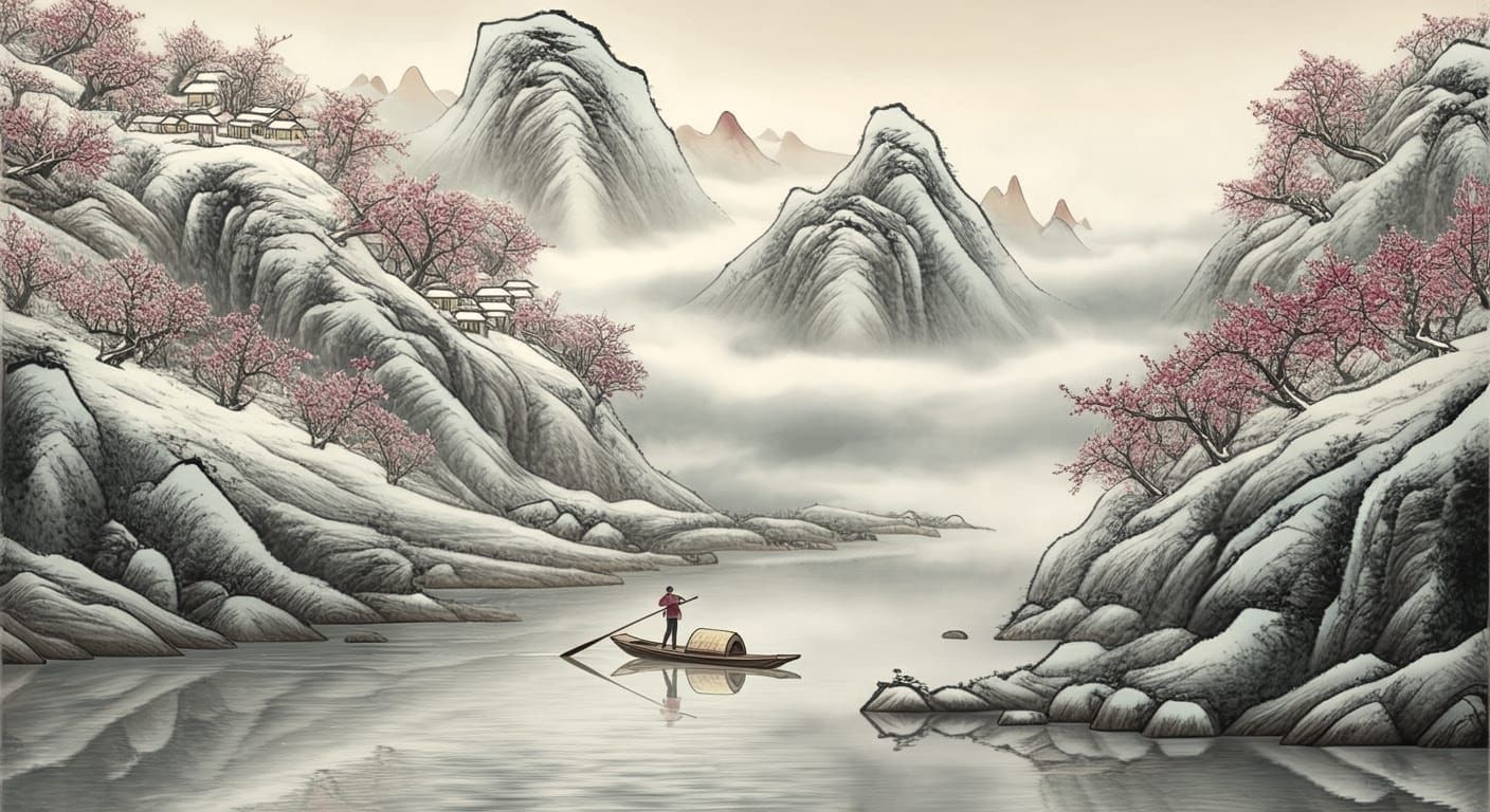 Snowy Peach Orchards Scene in Chinese Ink Painting Style