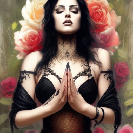 Gothic Woman Meditating: Hyperdetailed Victorian Art