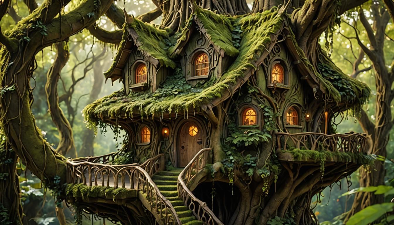 Elven Treehouse in Lush Forest Canopy