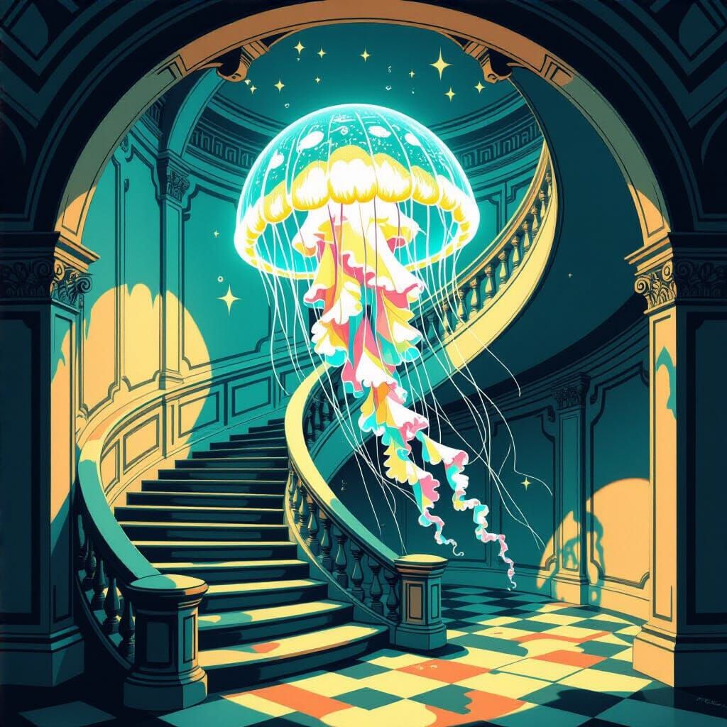 Bioluminescent Jellyfish in Escher Staircase, Tattoo Art