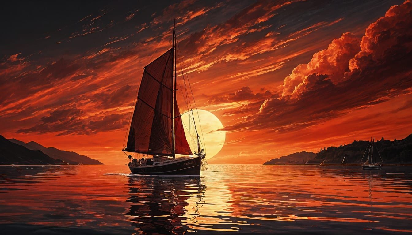 Fiery Red Sailboat on Calm Water