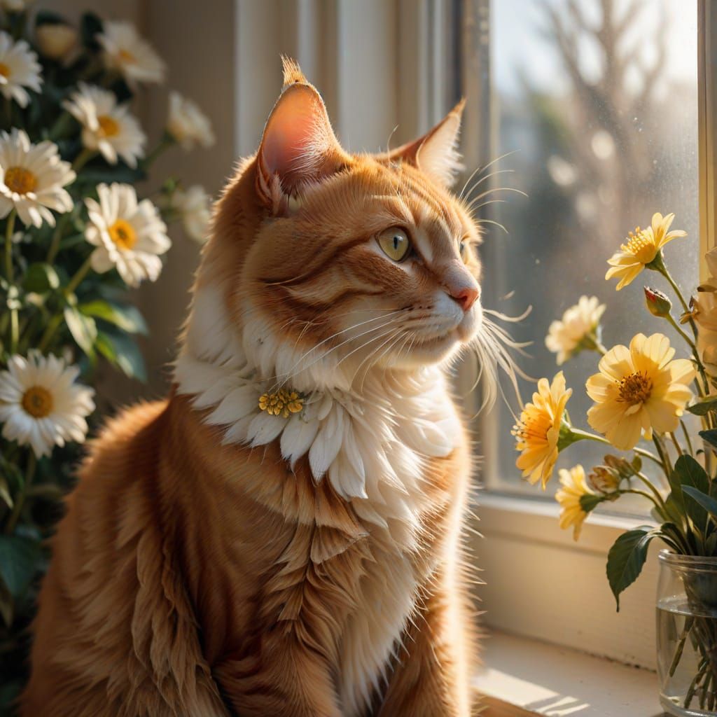 Vibrant Ginger Cat at Window in Warm Light