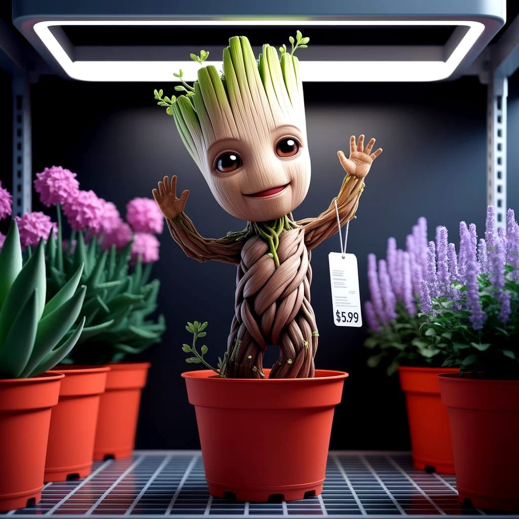 Adorable Baby Groot in a Plant Store Still Life