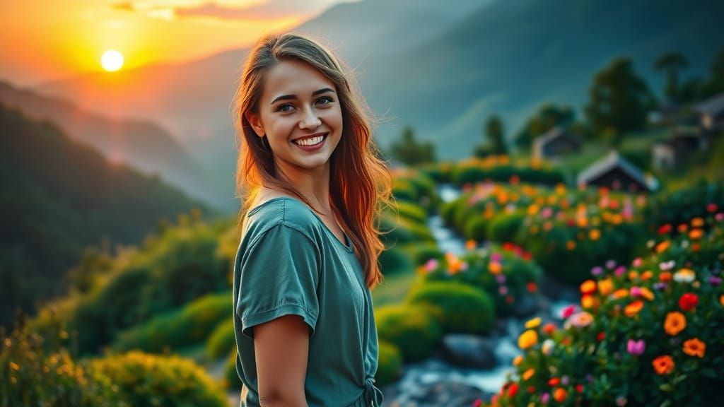 Woman at Sunrise on Mountain Above Lush Garden