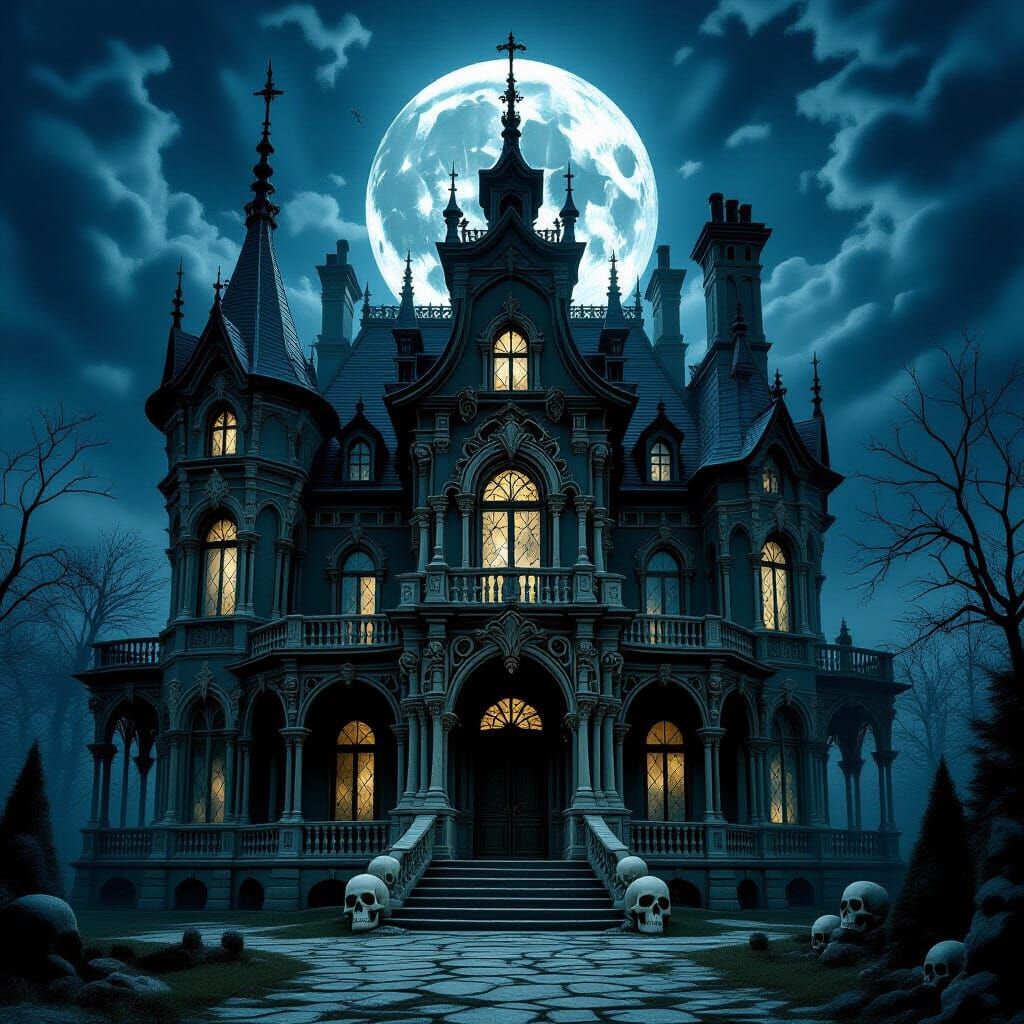 Macabre Bone Mansion Under Moonlight